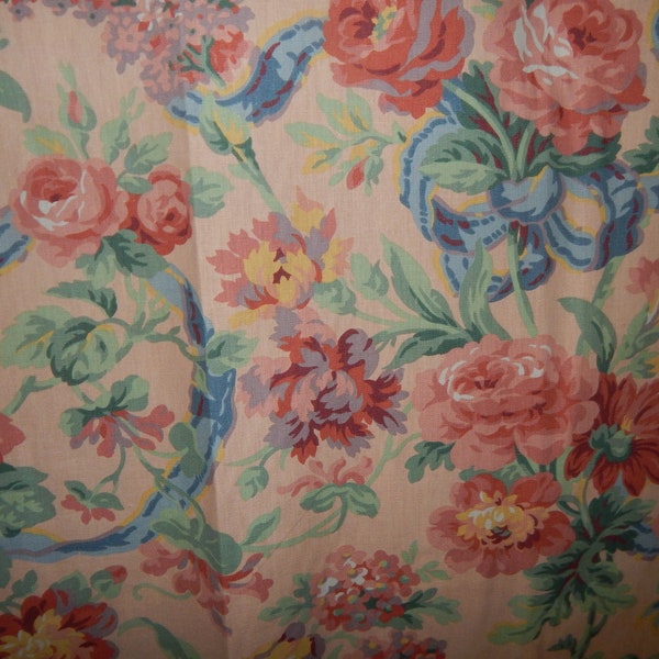 vintage peach pastel home decorating fabric 54 inches rose floral flowers rose upholstery coral blue cottage english garden ribbon home dec