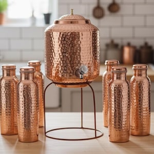 Hammered Copper Water Pot with stand | 950ml  water bottle & brass Tap Indian kitchen Decor