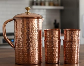 Hand Hammered Copper Pitcher and Tumbler Set: Ayurveda Health