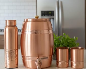 Handmade Hammered Copper Water Dispenser Set, 2 Glasses & Bottle