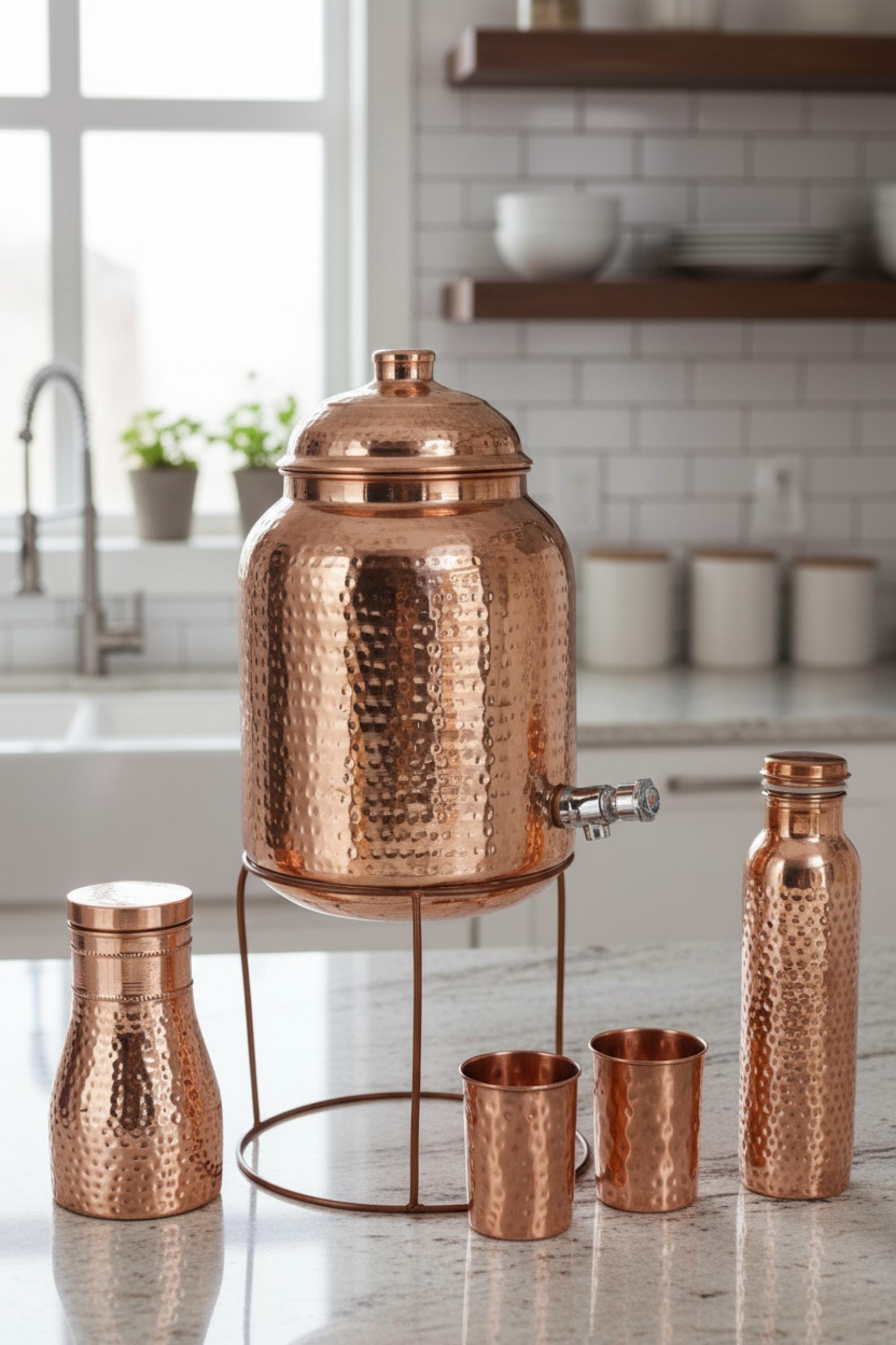 8ltr Copper Hammered Water Dispenser, 2 Glass & Stand With Free