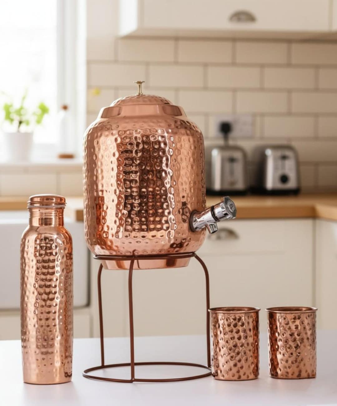 5L Copper Water Dispenser|hammered Style|, 2 Glass & Stand With