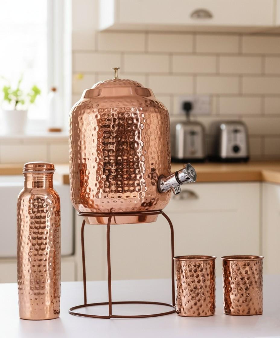 5L Copper Water Dispenser|hammered Style|, 2 Glass & Stand With