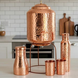 8Ltr Copper hammered Water Dispenser, 2 Glass & Stand with Free 950ml Copper Bottle and 1 bedroom bottle Handmade Copper Anniversary Gift