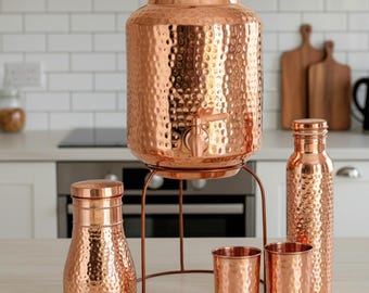 8ltr Copper Hammered Water Dispenser, 2 Glass & Stand With Free