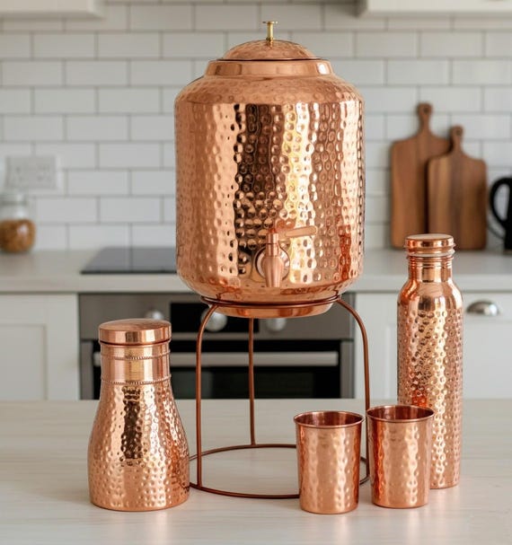 8ltr Copper Hammered Water Dispenser, 2 Glass & Stand With Free
