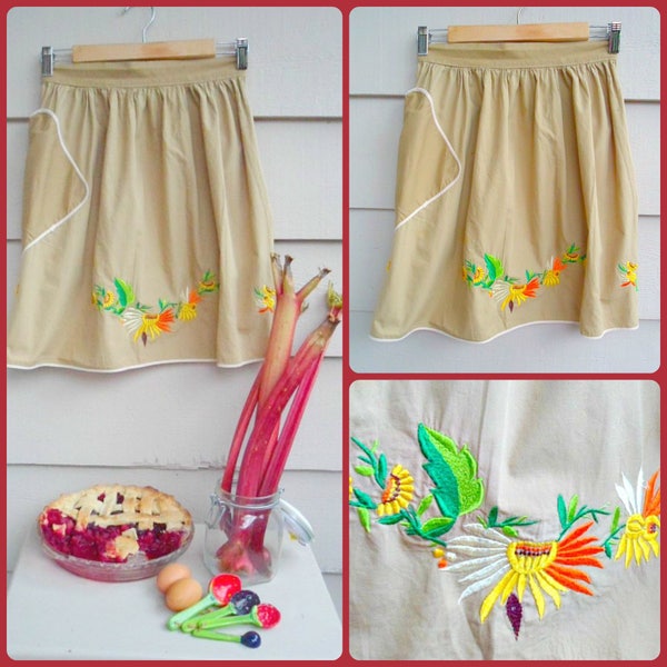 Embroidered Apron - Tan Cotton Half Apron with Square Pocket, and Embroidered Floral Spray in Orange and Yellow -Hippie, Boho, Folk Yellow,