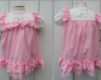 Pink Toddler Dress - 4T - NWT Vintage Deadstock Pink Gingham Dirndl Style Dress with White Yolk and Ruffles