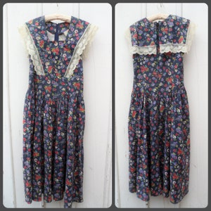 Floral Sailor Dress - Cottagecore Navy Floral Tea-Length Dress with Lace Edged Collar Size 12 with Pockets!