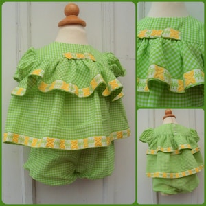 Vintage Girl - 6MO - Green Gingham Ruffled Dress with Yellow and Green Trim, Bow and Matching Gingham Diaper Cover