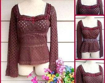 Boho Eyelet Top - M - Upcycled Long-Sleeve Blouse with Brown Peekaboo Lace & Eyelet, Ruched Calico Ruffle, Vintage Crochet Lace and Buttons