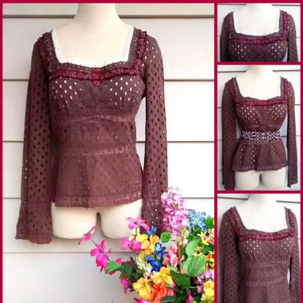 Boho Eyelet Top - M - Upcycled Long-Sleeve Blouse with Brown Peekaboo Lace & Eyelet, Ruched Calico Ruffle, Vintage Crochet Lace and Buttons