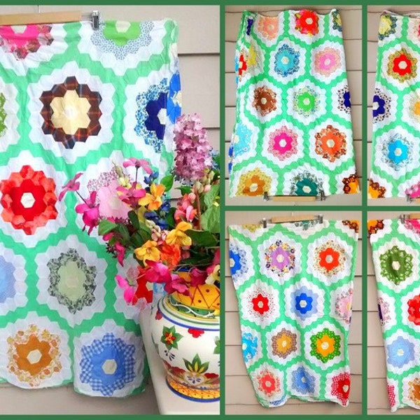 1930s 1940s Quilt Top-  Twin/Full Size - Grandmother's Flower Garden Top Only with Green Border and Hand Pieced Squares - Ready to Complete