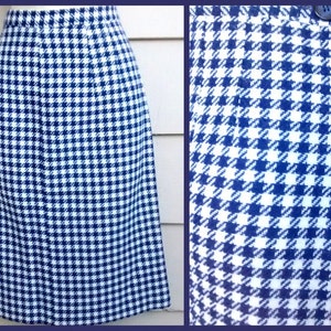 Vintage 50&#39;s Pencil Skirt - Modern 12/14 - Handmade Blue and White Houndstooth Wool Checked A-Line Pencil Wiggle Skirt with Kick Pleats