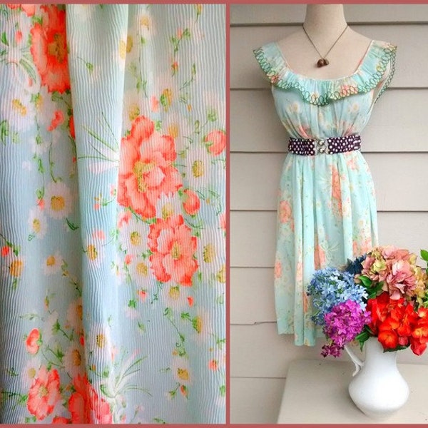 1950 's verschuiven Gown-XL - Mint groene Shift mouwloos Nachthemd, strand Coverup of Sundress met florale Spray Print en gegolfde nek rand