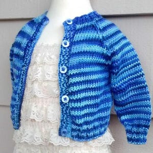 Vintage Baby Cardigan - NB- Hand Knit Variegated Blue Striped Cardigan Button Up Sweater with Crew Neck, Raglan Sleeves and Blue Buttons