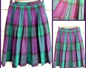 Vintage geplooide wollen rok - XS - Paars groen zwart grote plaid