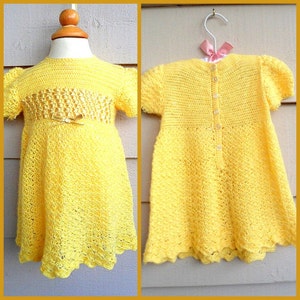 1950s Baby Dress - 2T - Hand Thread Crocheted Lace Yellow Baby Dress with Inset Ribbon Bodice and Center Bow