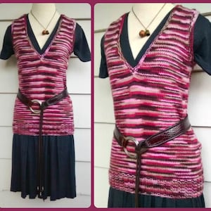 Vintage Vest - XS - Hand Knit V-Neck Wool Blend Sweater Vest  Women&#39;s Layering Piece - Cable Knit Sweater Pullover Pink Brown Maroon