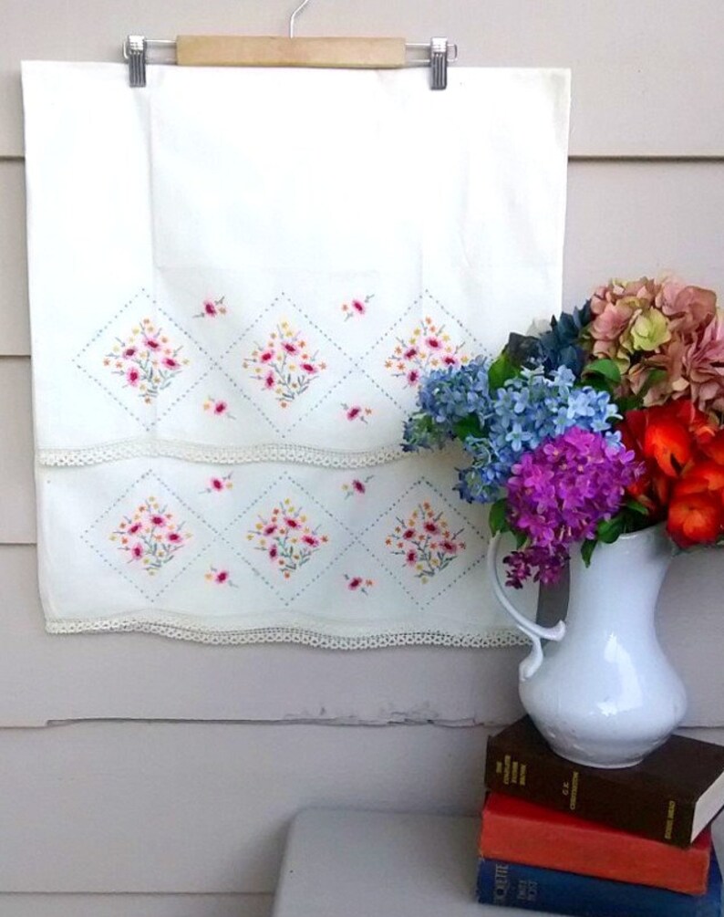 Pink Light Blue Vintage Pillowcases Hand Embroidered Flowers in Red Green Set of 2 Goldenrod and Yellow Floral Design with Lace Trim