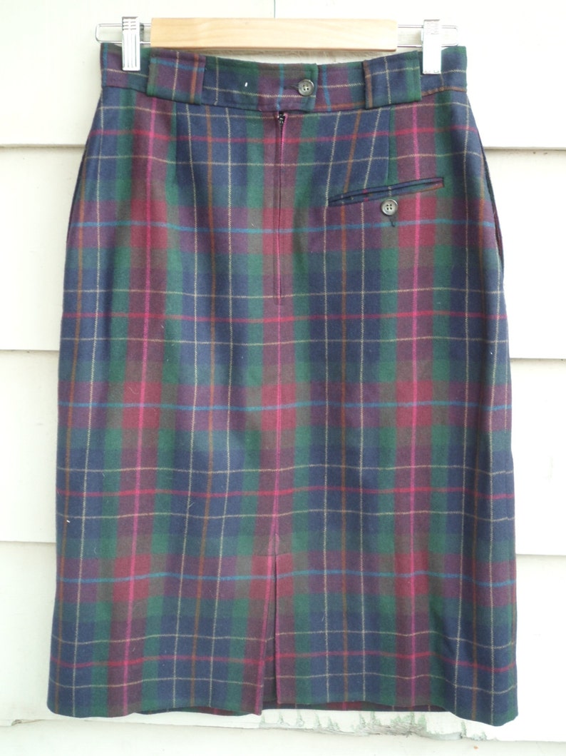 Multicolored Plaid Green Teal Gold Tan Fuchsia Cranberry Navy S Vintage Nordstrom Wool Skirt