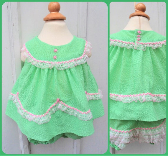 Vintage Girl - 9 MO - Mint Green Dress with Pink … - image 1