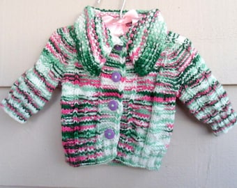 Vintage Baby Sweater - 3-6MO - Pink Green White Hand Knit Cardigan Sweater with Purple Buttons. Vintage Baby Clothes.