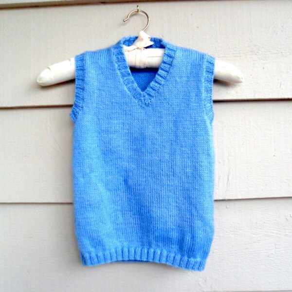 Vintage Boy Vest - 4-5T - Hand Knitted Knit Blue V-Neck Sweater Vest with Ribbed Design