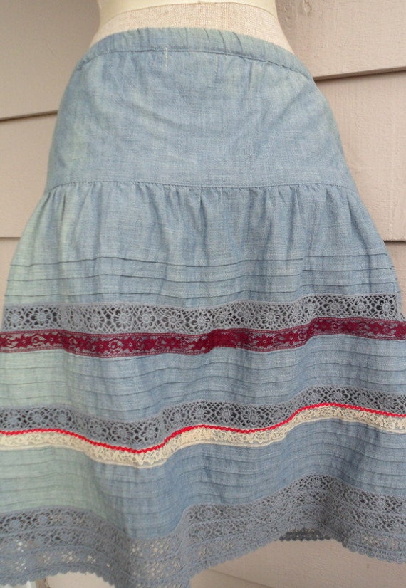 Chambray Circle Skirt Size L to XL Drawstring Waist Pintucked 