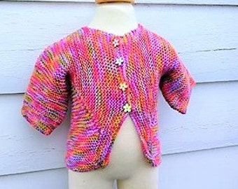 Vintage Baby Cardigan -3-6MO-  Hand Knit Rainbow Striped Variegated Cardigan with Multicolored Flower Buttons