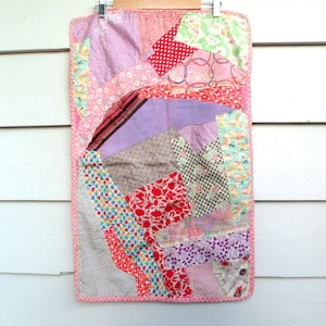 1930's 1940's Child's Sampler Quilt - Crazy Quilt Miniature, Doll or Novelty Sampler Quilt- 1930's Feedsack Prints and Rayon Dress Scraps
