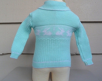 Vintage Baby Boy - NB-6MO - Vintage Sweater Periwinkle Blue and White Striped Cardigan with Bunny Rabbits