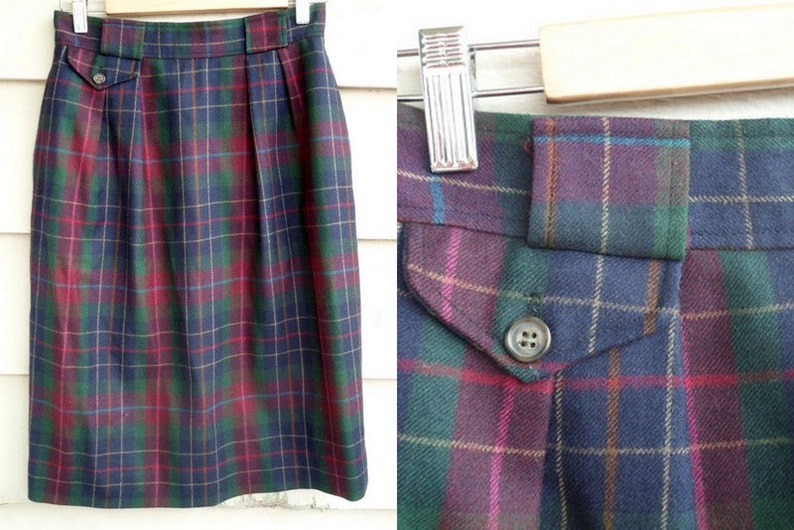 Multicolored Plaid Green Teal Gold Tan Fuchsia Cranberry Navy S Vintage Nordstrom Wool Skirt