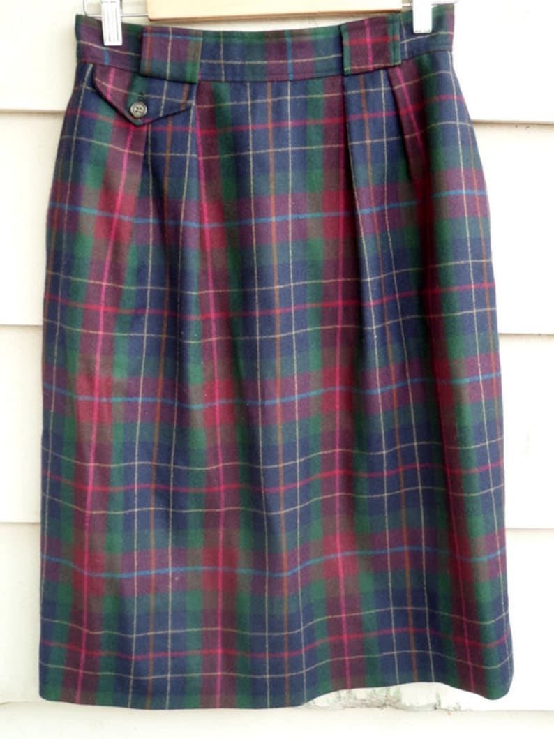 Multicolored Plaid Green Teal Gold Tan Fuchsia Cranberry Navy S Vintage Nordstrom Wool Skirt