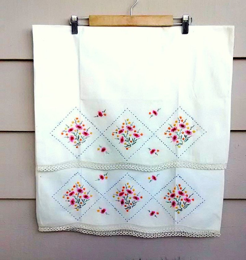 Pink Light Blue Vintage Pillowcases Hand Embroidered Flowers in Red Green Set of 2 Goldenrod and Yellow Floral Design with Lace Trim