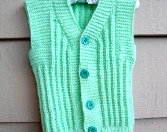 Vintage Toddler Vest - 4T - Hand Knit Mint Green Sweater Vest with Robin's Egg Blue Buttons