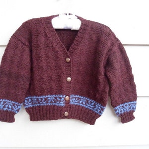 Vintage Boy  Sweater - 5T - Brown V-Neck Cardigan with Cornflower Blue Aran Pattern and Striped Buttons