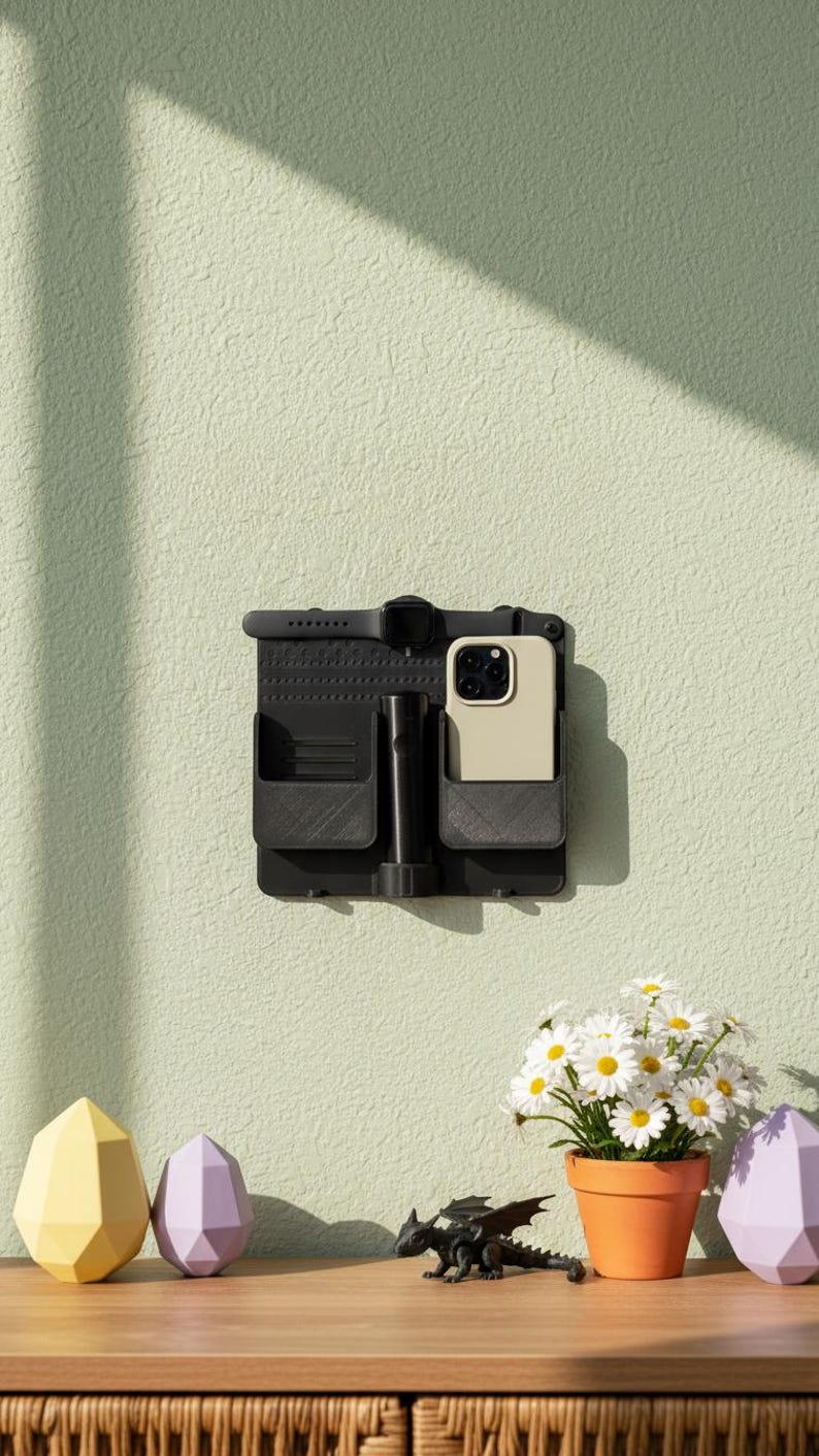 3D Printed Wall Mounted Charging Station: Dual Phone, Watch & Remote Organizer image 4