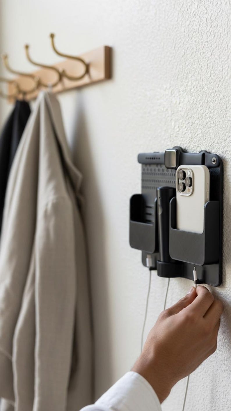 3D Printed Wall Mounted Charging Station: Dual Phone, Watch & Remote Organizer image 3