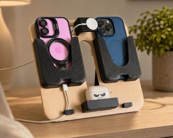 3D-gedruckte Ladestation für Smartphones, Organizer für Apple Watch und AirPods, Wandhalterung oder Tischständer, Halterung für ein oder zwei Smartphones