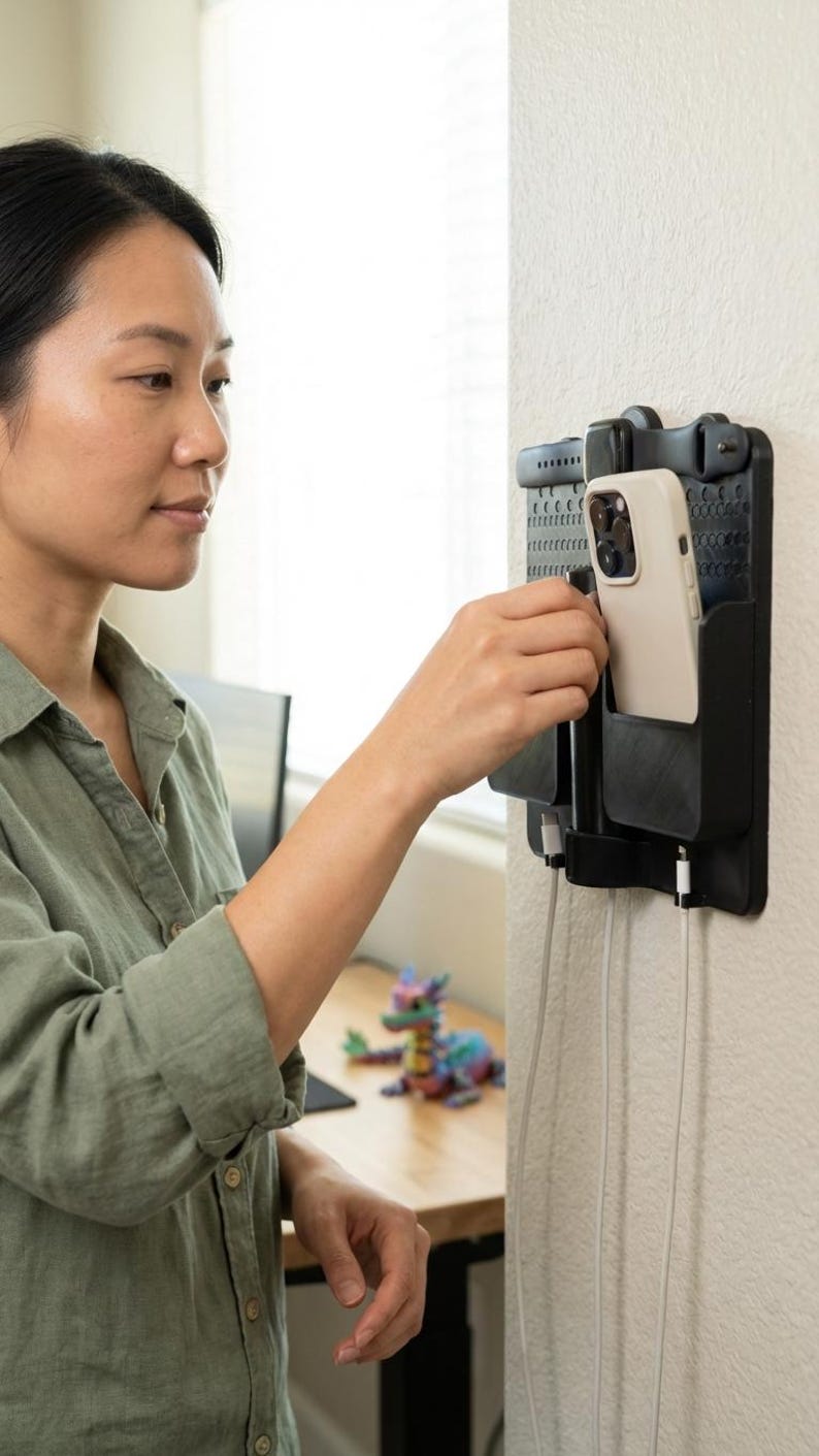 3D Printed Wall Mounted Charging Station: Dual Phone, Watch & Remote Organizer image 2