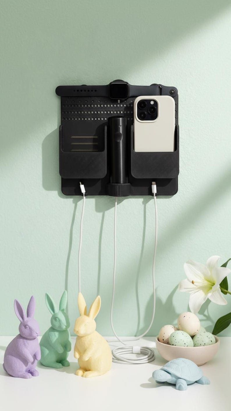 3D Printed Wall Mounted Charging Station: Dual Phone, Watch & Remote Organizer image 1