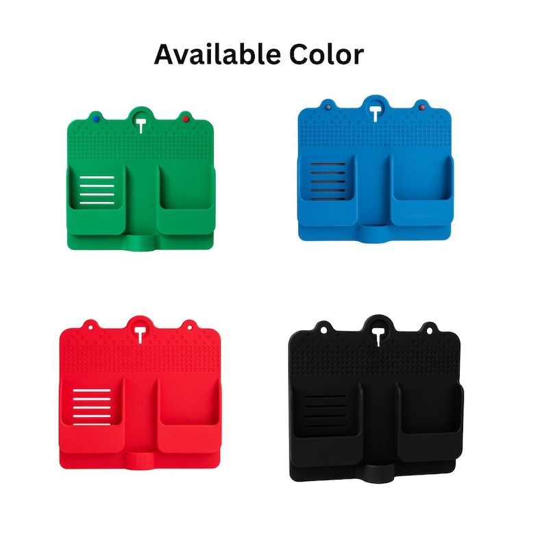 May include: Four silicone organizers are displayed, in green, blue, red, and black. Each has a rectangular shape, textured surface, a small pocket, and a larger compartment. The text "Available Color" is at the top of the image.