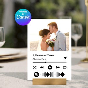 May include: A rectangular white acrylic plaque featuring a photograph of a couple, with black printed text reading A Thousand Years by Christina Perri, a heart icon, a playback progress bar, media control icons, and a Spotify sound wave graphic.