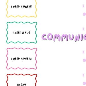 Puede incluir: Tarjetas de comunicación con frases como «Necesito un descanso» y «Necesito un abrazo». Cada frase está en un cuadro colorido con bordes festoneados. Las palabras «Tarjetas de comunicación» están en letras moradas.