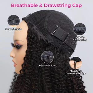 Curly Drawstring Wig for Women – Glueless, Beginner-Friendly, Breathable Cap with Adjustable Straps & Combs Afro Curly