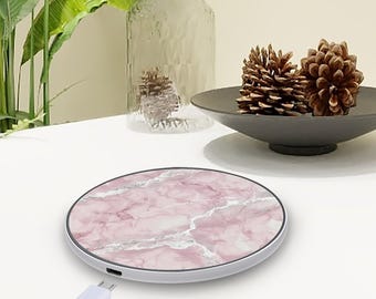 Pink Marble Wireless Charger Pad, Personalized Fast Charging 10W Phone Charger, Elegant Desk Accessory, Aesthetic Gift for Her