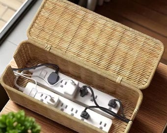 Organizador De Cables De Ratán Tejido A Mano Con Tapa | Caja De Almacenamiento Para Regletas Y Cargadores, Segura Para Mascotas Y Niños | Natural Y Decorativa