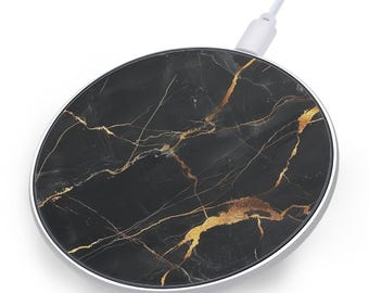 Black Marble Wireless Charger Pad, Custom Fast Charging Phone Station 10W, Luxury Minimal Desk Setup, Premium Tech Gift Idea