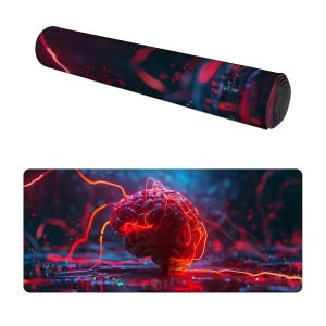 May include: A rolled-up, dark-colored mat with red and blue abstract patterns. Below, a rectangular mat displays a glowing red brain with red electrical-like lines against a dark blue and red background. The mats are likely for a desk or gaming setup.